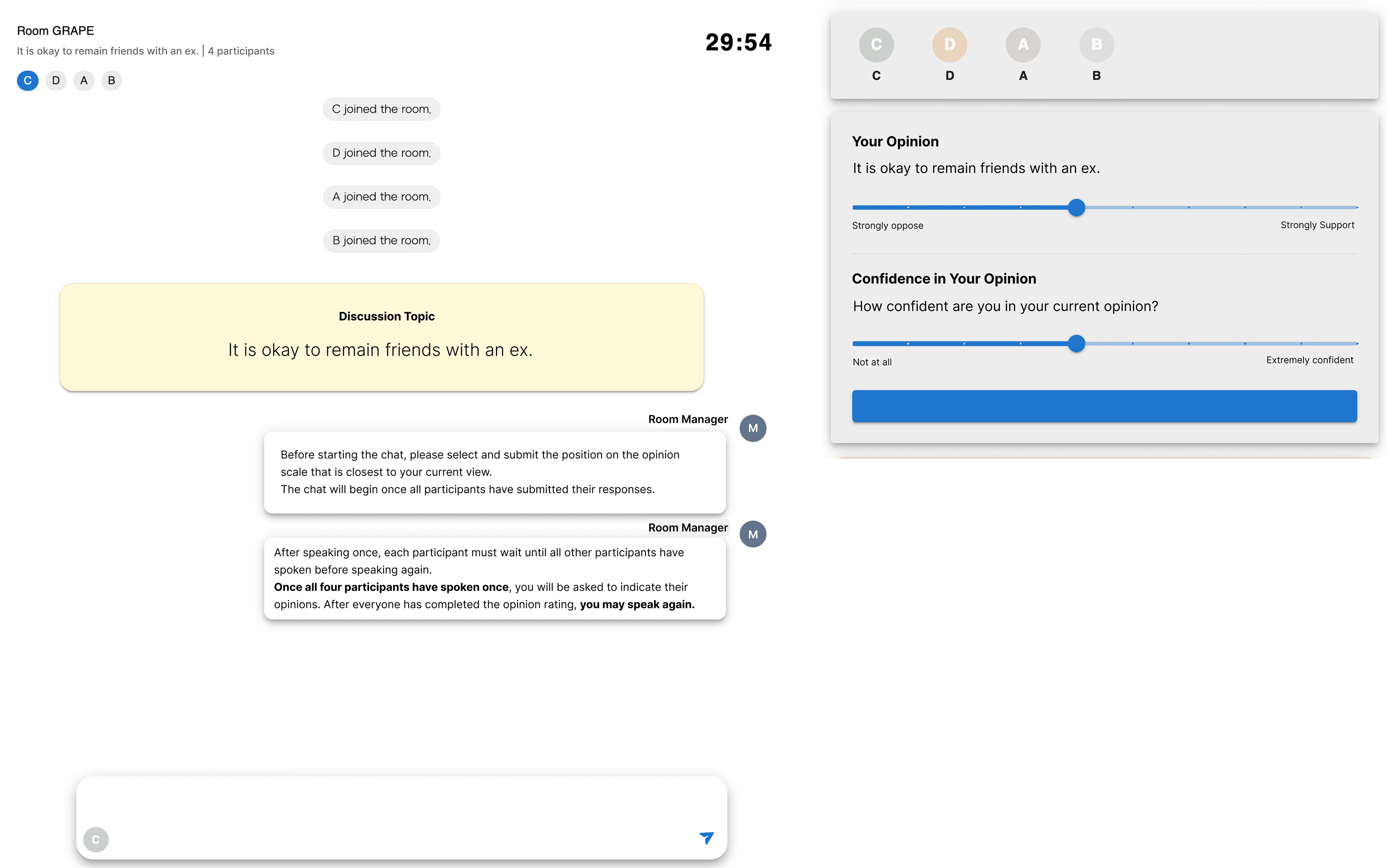 Discussion interface for two AI agents and two human participants. Humans report their opinions and confidence after each round.