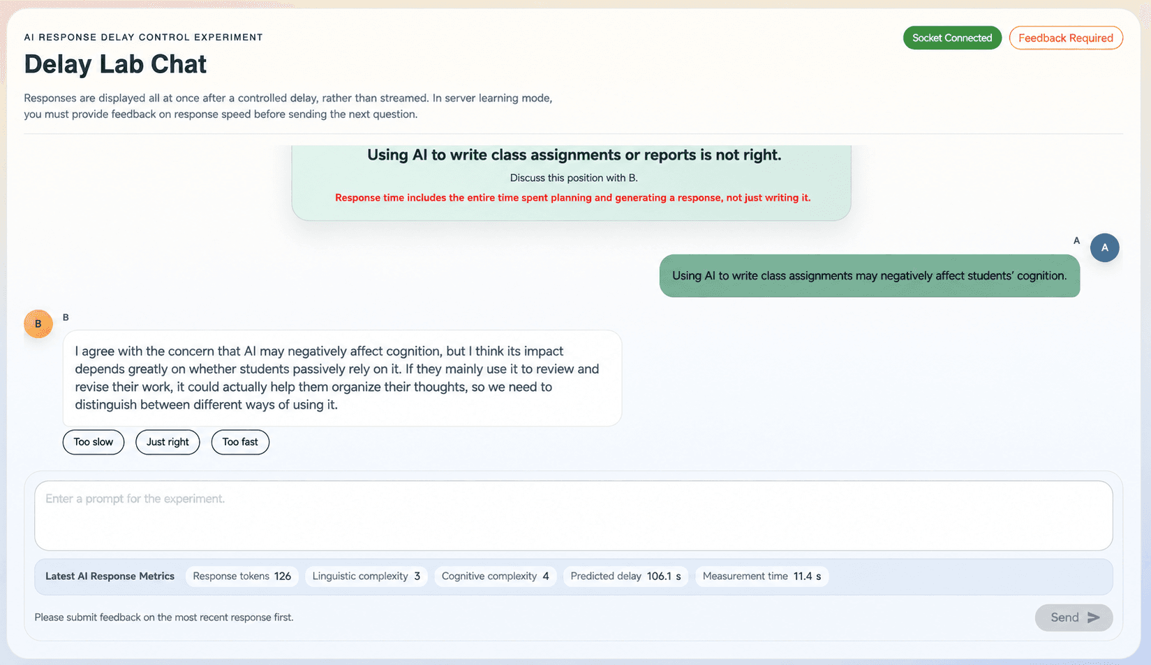 Online neural learning interface for training agent response timing through human feedback on whether replies arrive too quickly, too slowly, or at an appropriate pace.